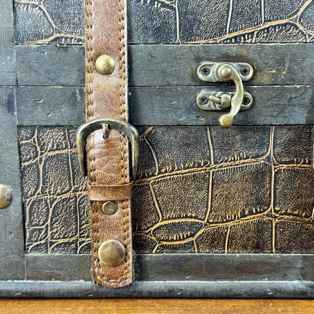 Wooden Pirate Treasure Chest Decorative Trunk with Unique Trim Belt Snaps